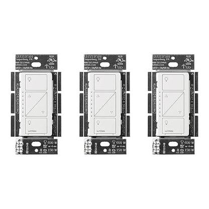 Lutron Caseta Original Smart Dimmer Switch (Lutron Smart Hub Required), for LED Lights, 150 Watt, Single-Pole/3-Way, No Neutral Required, PD-6WCL-WH-3-A, White, 3 Pack