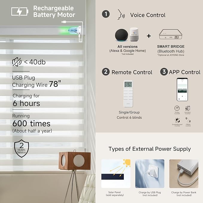 Motorized Zebra Blinds, Cordless Blackout Window Shades with Remote, Custom Dual Layer Smart Roller Shades Compatible with Alexa Google Assistant, Automatic Light Filtering Blinds,White