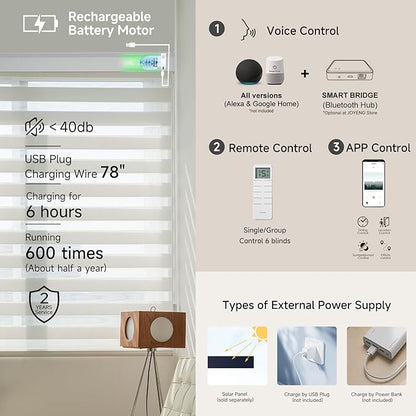 Motorized Zebra Blinds, Cordless Blackout Window Shades with Remote, Custom Dual Layer Smart Roller Shades Compatible with Alexa Google Assistant, Automatic Light Filtering Blinds,White
