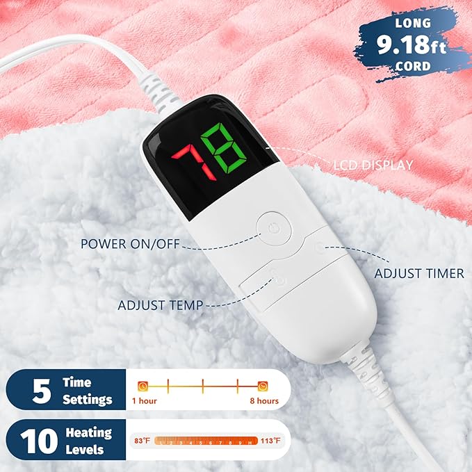 BOMOVA Heated Electric Blanket Twin - 62" x 84" Heating Blanket with 10 Heating Levels & 8 Hours Auto Off, Warm Flannel Blanket, Christmas Birthday Gifts for Women