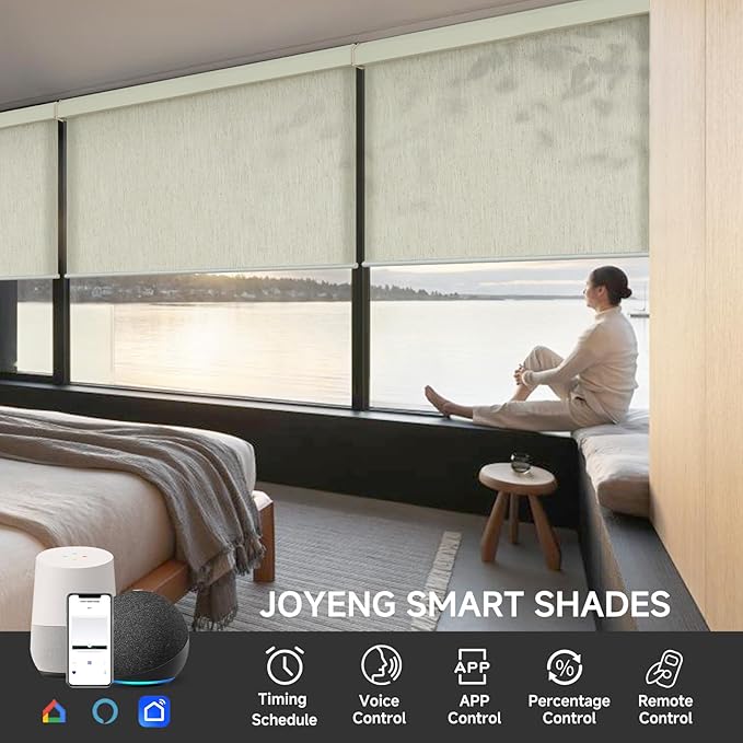 Motorized Light Filtering Roller Shades with Remote Control, Electric Smart Shades Compatible with Alexa and Google, Rechargeable, Customizable Size (Flax Beige White)