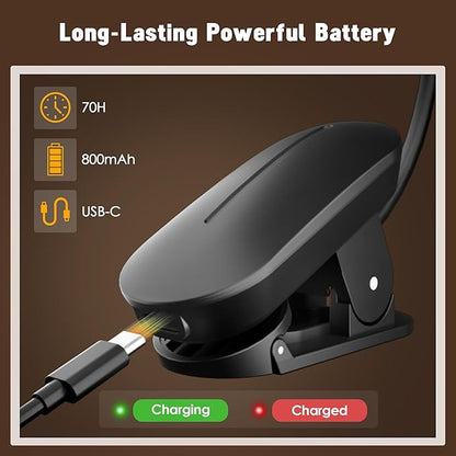 Clip-On Book Light for Reading at Night -Rechargeable 14 LEDs with 3 Color Modes & Stepless Dimming Brightness, Eye-Care, USB-C Charging, 70-Hour Runtime, 360° Flexible Gooseneck