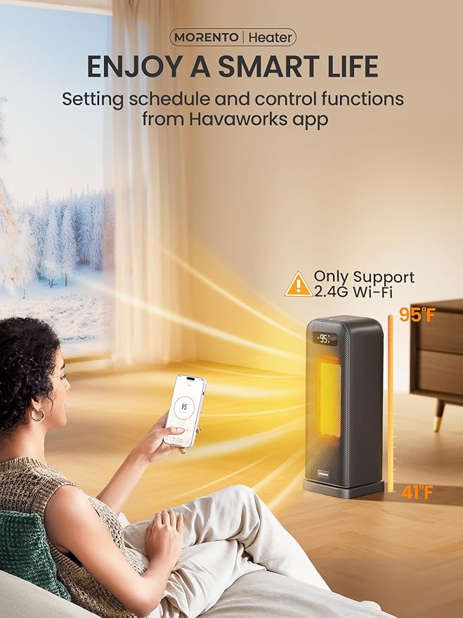 MORENTO Space Heaters for Indoor Use, Electric Portable Heater for Bedroom with Thermostat, WiFi Voice Control, 36dB Quiet 4 Modes 12H Timer, 1500W PTC Ceramic Heater for Office Home 1Pack Black