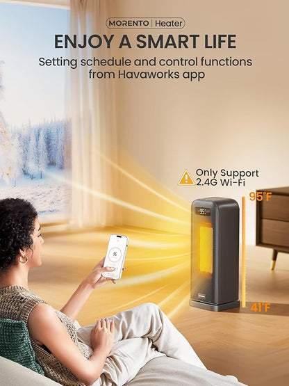 MORENTO Space Heaters for Indoor Use, Electric Portable Heater for Bedroom with Thermostat, WiFi Voice Control, 36dB Quiet 4 Modes 12H Timer, 1500W PTC Ceramic Heater for Office Home 1Pack Black