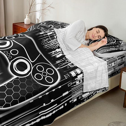 Gamepad Kids Sheet Full Size,Honeycomb Hexagon Geometric Fashion Bedding Set,Boys Girls Room Decor,Modern Videogaming Gamer Controller Black White Bed Sheet Set 4pcs(Fitted + Flat + 2 Pillowcases)