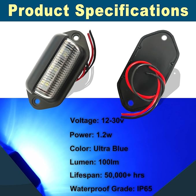 2PCS Blue LED License Plate Light, 12V-24V DC Waterproof 6-SMD License Plate Lamp Taillight, Universal for Truck SUV Trailer Van RV Boats as Step Courtesy Light, Dome/Cargo Lights or Under Hood Lights