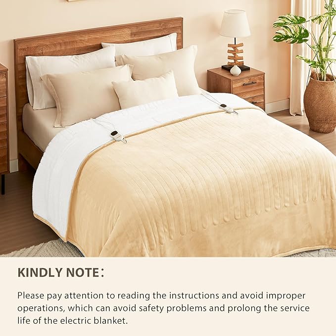 Homemate Electric Heated Blanket Full Size - 72"x84" Heated Bed Blanket Throw with 10 Heating Levels 8 Hours Auto Off Fast Heating Over-Heat Protection-Ultra Soft Flannel ETL Certified, Beige