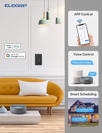 ELEGRP Smart Dimmer Light Switch DTR10, Single Pole Setup, 2.4GHz Wi-Fi Touch Dimmer Compatible with Alexa/Google Assistant, Needs Neutral Wire, No Hub Required, UL Listed, Matte Black, 10 Pack
