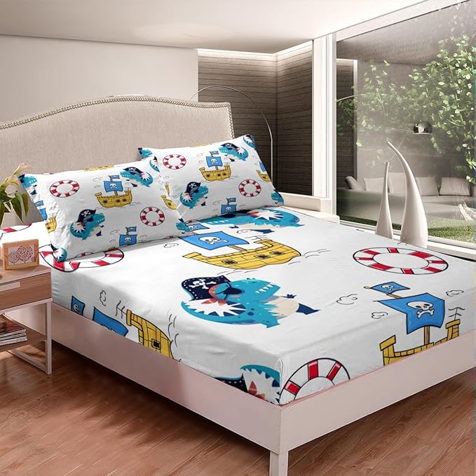 Dinosaur Captain Fitted Sheet Twin 2 Pcs,Boys Nautical Ship Dino Soft Microfiber Sheets Breathable Bedding,Kawaii Animals Watercolor Ocean Adventure Bedsheet with Deep Pocket