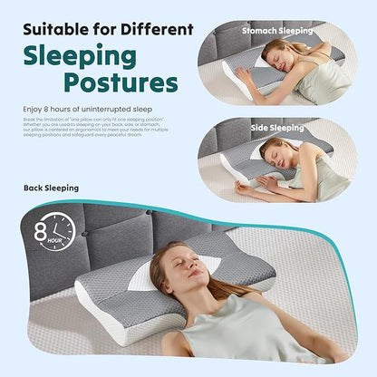 DUMOS Cervical Neck Pillow for Sleeping, Cooling Ergonomic Memory Foam Pillow with Arm Rest Slot and Ice Silk Pillowcase, Dual Height Orthopedic Support Contour for Side, Back, Stomach Sleepers