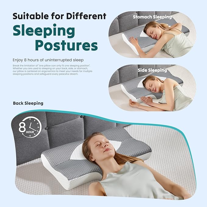Sweetcrispy Cervical Pillow for Neck and Shoulder,Contour Memory Foam Pillow,Ergonomic Neck Support Pillow for Side Back Stomach Sleepers with Pillowcase, Grey