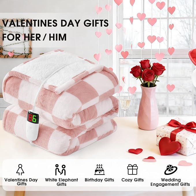 Light Pink Heated Blanket Electric Twin Size, 62X84 Heating Blanket with 10 Heat Levels & 8 Hours Auto Off, Checkered Plaid Soft Fleece Sherpa Blankets Warmer Gifts for Couch Grandma Women Adults
