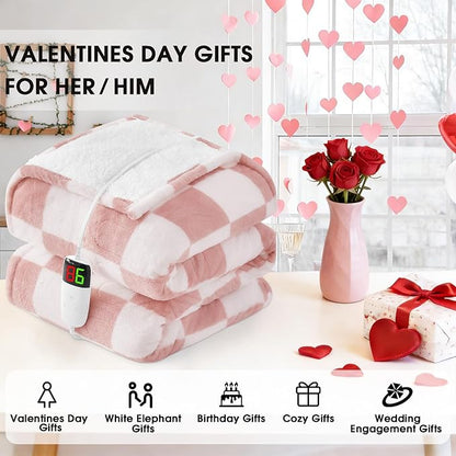 Light Pink Heated Blanket Electric Twin Size, 62X84 Heating Blanket with 10 Heat Levels & 8 Hours Auto Off, Checkered Plaid Soft Fleece Sherpa Blankets Warmer Gifts for Couch Grandma Women Adults