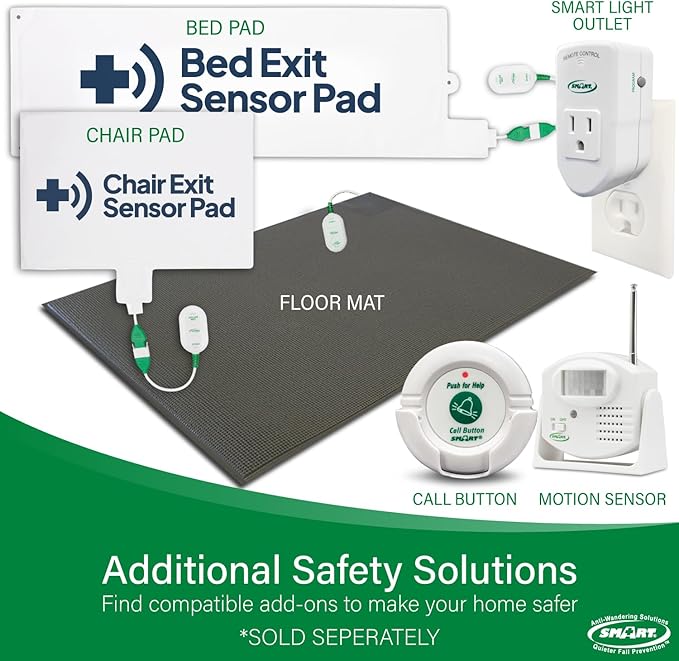 Smart Caregiver Wireless Bed Pad Alarm System with Weight Sensor Pad for Fall Prevention | 10" x 30" Alarm Pad for Bed Alerts Medical Caregiver | Cordless Bed Alarm with Up to 300' Range