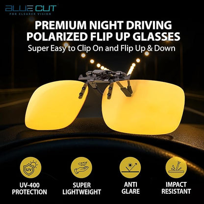 BLUE CUT Clip on Polarized Night vision Glasses Flip up Sunglasses UV-400 to Wear Over prescription Glasses for night driving