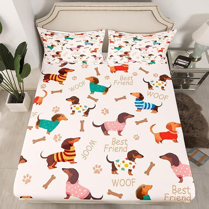 Cute Dachshund Fitted Sheet Full 3 Pcs,Cartoon Puppy Long Body Soft Microfiber Sheets Breathable Bedding,Dog Footprint Bone Silhouette Bedsheet with Deep Pocket