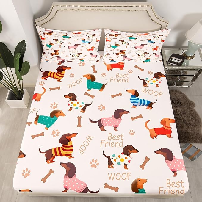 Cute Dachshund Fitted Sheet Queen 3 Pcs,Cartoon Puppy Long Body Soft Microfiber Sheets Breathable Bedding,Dog Footprint Bone Silhouette Bedsheet with Deep Pocket