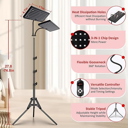 Red Light Therapy Lamp, Infrared Light Therapy Device with Stand, 660nm Red and 850nm Near Infrared Red Light Therapy for Body and Face Pain Relief Skin Care(Dual Lamps)