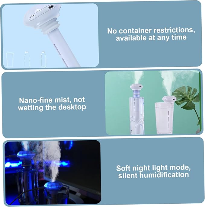 Portable Humidifiers for Travel, USB Mini Humidifier Fits Any Water Bottle or Cup Ultra Quiet Adjustable Cool Mist Personal Humidifier with Night Light, Décorations