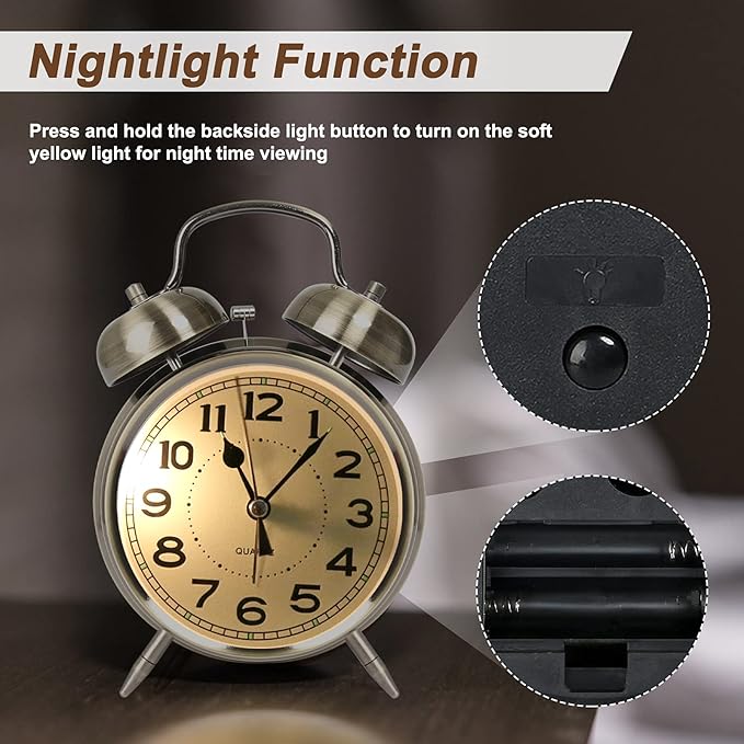 AYRELY® Super Loud Alarm Clock for Heavy Sleepers Adults,Twin Bell Retro 4 Inch Silent Non-Ticking Quartz with Backlight, Alarm Clocks for Bedrooms,Bedside,Study Room (Bronze)