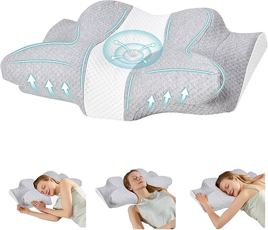 Sweetcrispy Memory Foam Cervical Neck Pillow for Sleeping, Ergonomic Contour Side Sleeper Pillows for Adults, Cooling Orthopedic Pillow for Pain Relief Support, Grey