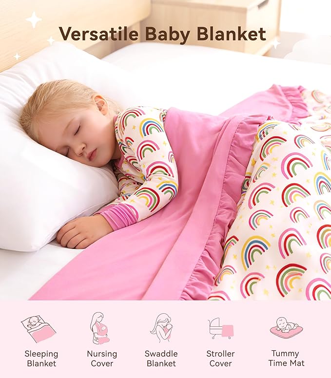 Premium Baby Blankets, Soft Viscose from Bamboo Blanket for Girls, Nursery Crib Bedding Quilt for Newborn and Toddler, Ruffle Blanket Cooling for Hot Sleepers, 50''x50'' Rainbow