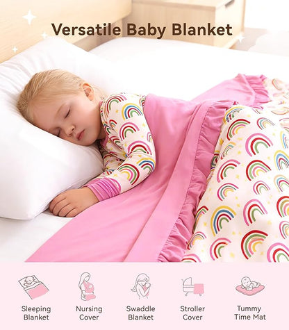 Premium Baby Blankets, Soft Viscose from Bamboo Blanket for Girls, Nursery Crib Bedding Quilt for Newborn and Toddler, Ruffle Blanket Cooling for Hot Sleepers, 50''x50'' Rainbow