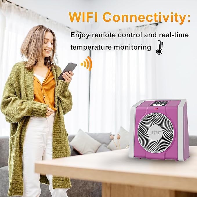 HEATIT Space Heater with Remote for Indoor, Digital Display with Thermostat,Containing Plasma & Ozone, 1-12H Timer, 1500W/750W,Electric Space Heater for Office, Bedroom,Pink,10.6"Dx7.0"W x 11.8"H