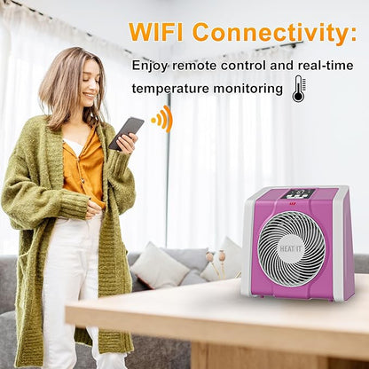 HEATIT Space Heater with Remote for Indoor, Digital Display with Thermostat,Containing Plasma & Ozone, 1-12H Timer, 1500W/750W,Electric Space Heater for Office, Bedroom,Pink,10.6"Dx7.0"W x 11.8"H