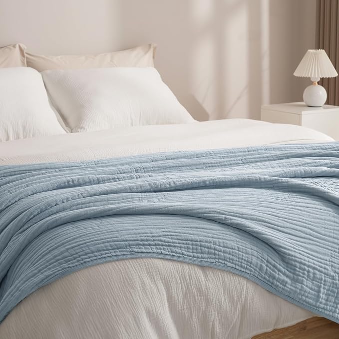PHF Cooling Muslin Blanket King Size 104"x80", 6-Layer Lightweight Gauze Blanket Made from 35% Rayon Derived from Bamboo & 65% Cotton, Breathable & Ultra Soft Cozy for Hot Sleepers, Dusty Blue