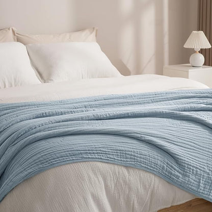 PHF Cooling Muslin Blanket King Size 104"x80", 6-Layer Lightweight Gauze Blanket Made from 35% Rayon Derived from Bamboo & 65% Cotton, Breathable & Ultra Soft Cozy for Hot Sleepers, Dusty Blue