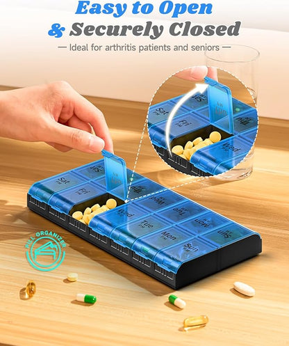 Extra Large Pill Organizer 2 Times a Day, Weekly XL AM PM Pill Case, 7 Day Pill Box Twice a Day, Oversized Daily Medicine Organizer for Vitamins (Blue)
