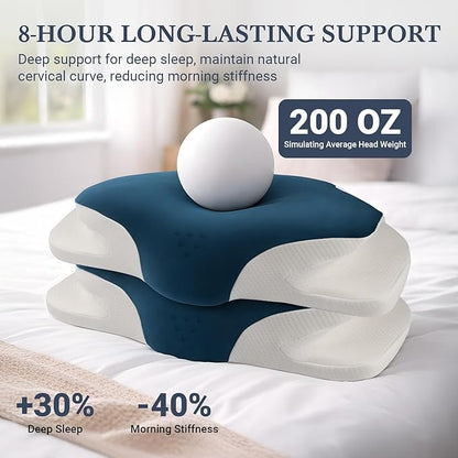 Cervical Neck Support Pillow for Sleeping, Two Heights Memory Foam Ergonomic Contour Pillow, Side Sleeper Pillow for Neck and Shoulder Pain Relief (Blue& White)