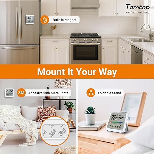 Temtop Indoor Thermometer Hygrometer, Precision Digital Temp/Humidity Monitor with Magnet & 3M Sticker, Date & Time, Wall/Magnet/Stand Mount, for Home, Office, Nursery, T1-SE