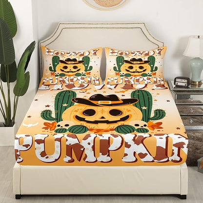 Halloween Pumpkin Fitted Sheet Queen Size,Western Cowboy Hat Tribal Orange Soft Bed Cover(1 Fitted Sheet+1 Pillow Case),Desert Cactus Rustic Cowhide Brown Cow Fur Breathable Mattress Cover