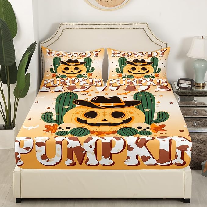 Halloween Pumpkin Full Size Fitted Sheet,Western Cowboy Hat Tribal Orange 3 Pieces Kids Teenager Room Decor Desert Cactus Rustic Cowhide Brown Cow Fur Pocket 2 Pillowcases