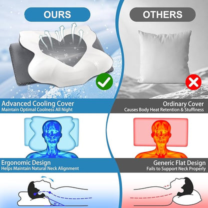 Cervical Neck Pillow for Sleeping, Memory Foam Pillow for Neck Support, Ergonomic Pillow for Pain Relief, Contour Bed Pillow for Side Back Stomach Sleepers, Grey, Standard Size