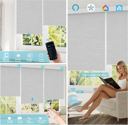 Motorized Blinds with Remote, Smart Blind Roller Shades Compatible with Alexa, Durable Rechargeable Battery Solar Power Electric Window Blinds Customized Size (Jacquard Silver White)