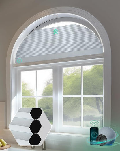 Yoolax Smart Cellular Shades, Motorized Arch Window Honeycomb Blinds Motorized Blinds with Remote Compatible with Alexa, Customized Arched Cellular Shades (Half Shading Pearl)