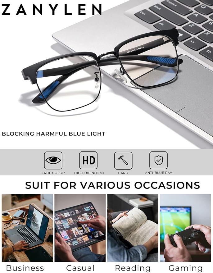 Blue Light Glasses Men Rectangle Large Browline Computer Gaming Glasses Blue Blocker Anti-Glare UV400 Protection Clear Lens