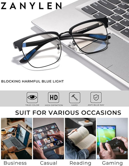 Blue Light Glasses Men Rectangle Large Browline Computer Gaming Glasses Blue Blocker Anti-Glare UV400 Protection Clear Lens