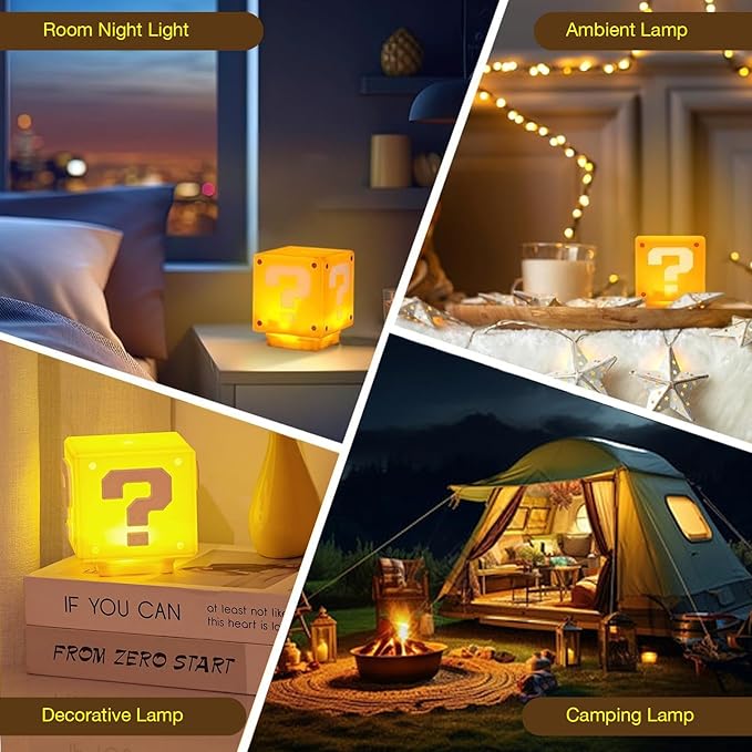 TLAOTNIY Super Bros Mini Question Block Night Lights - USB Powered Bedside Lamp with Game Sound Effects - Gift for Friends & Fans (2Pack)
