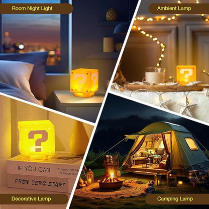 TLAOTNIY Super Bros Mini Question Block Night Lights - USB Powered Bedside Lamp with Game Sound Effects - Gift for Friends & Fans (2Pack)