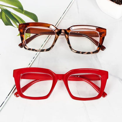 REAVEE 2 Pack Oprah Style Oversized Reading Glasses for Women Men Blue Light Blocking, Ladies Stylish Retro Square Large Computer Readers (Red/Brown Leopard 2.5x)