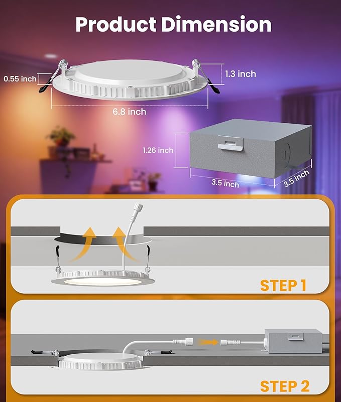 Recessed Lighting 6 Inch with App & Voice Control, 1200LM RGBCW Smart Ceiling Light Work with Alexa & Google, Dimmable LED Recessed Lighting 6 Inch with Timer Music Sync Can Lights, 6 Pack