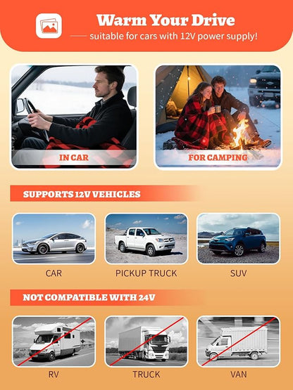 12V Car Heated Blanket 59"x39"Portable Heated Blanket for Travel with 4 Heating 4 Timing Settings Soft and Comfortable for Car SUV Camping (Black&Red)