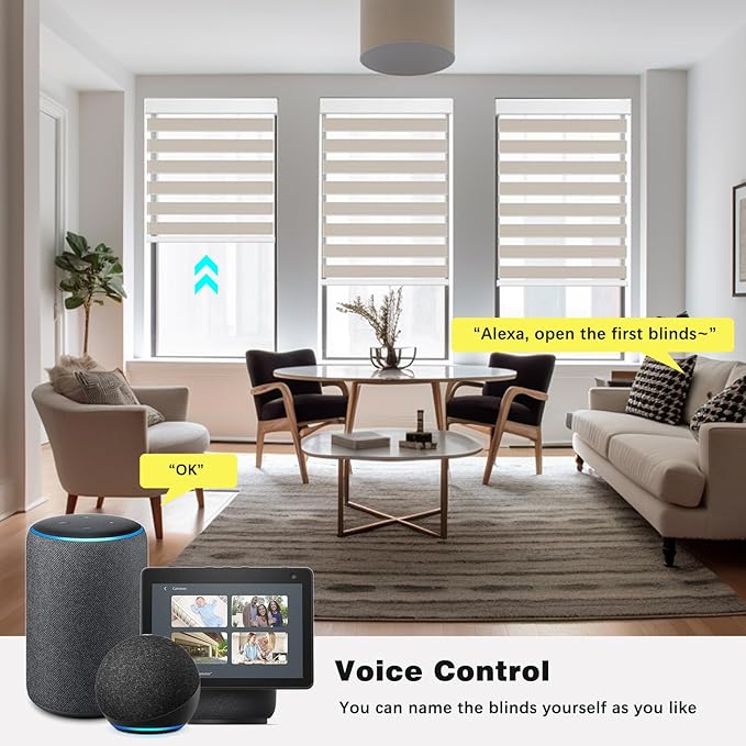 Changshade Smart Motorized Zebra Blinds Remote Control for Indoor Door Windows Blackout, Room Darkening Custom Size Shades Electric Power Automatic Work with Alexa, Google Home, Apple Homekit, Beige