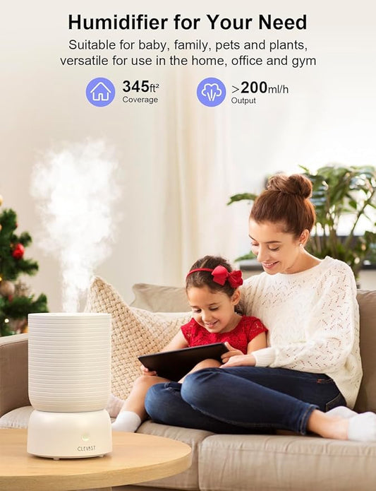 CLEVAST Smart Humidifier for Bedroom, 3L Top Fill Cool Mist Ultrasonic Air Humidifiers with Essential Oil Diffuser, Ultra Quiet for Baby Nursery, Plants, Home, Office (3 Liters Smart Version)
