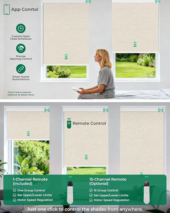 Allesin Motorized Blinds with Remote | Smart Blackout Roller Shades, Automatic Electric Power Blinds for Home Office, Living Room 33x72 Sand-Linen