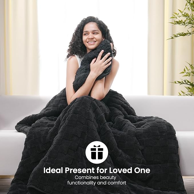 Drewin Weighted Blanket Queen Size 15lbs, Dual Sided Soft Cozy Jacquard Checkered Sherpa Weighted Blanket for Adults, Ultra-Soft Fluffy Heavy Blanket for Sofa Bed, 60 x 80 inches, Black